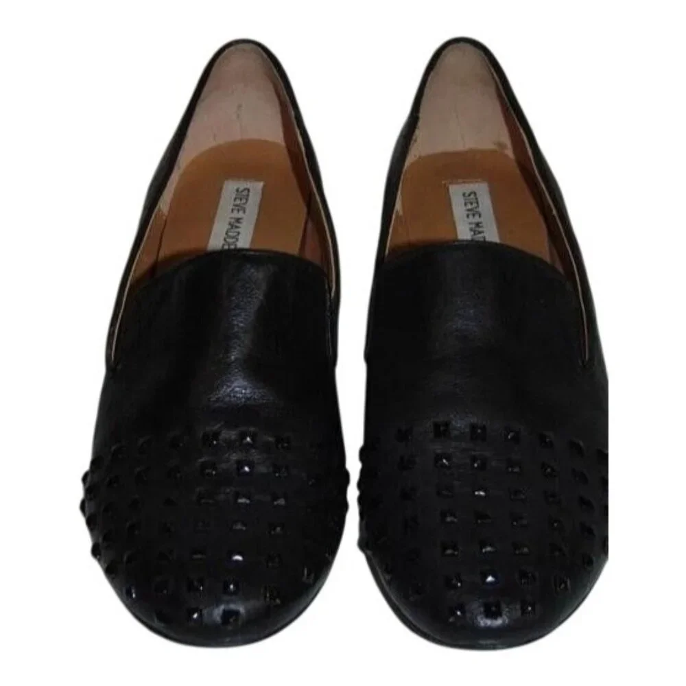 Steve Madden Henri Black Leather Upper Embellished Studded Slip On Loafers sz 8